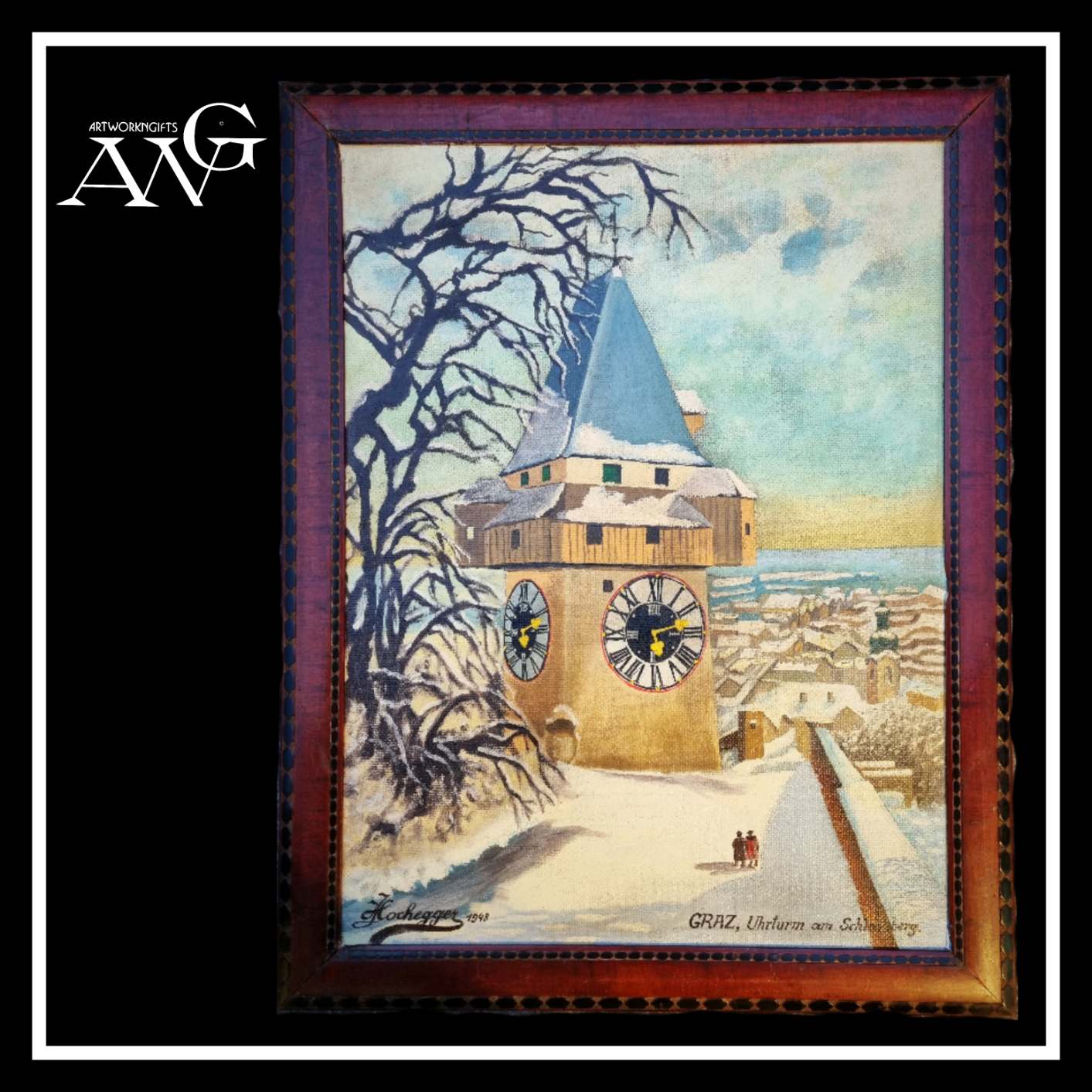 Antique oil painting on hardboard of the Graz clock tower, signed Hochegger 1948, in the original wooden frame.